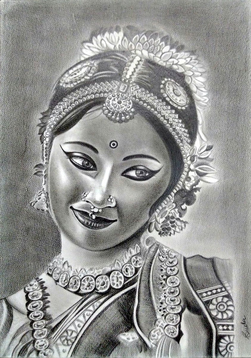 Original Bharatanatyam Dance Painting Classical Indian Dancer  Very  detailed and Hand drawn on Canson paper  Pencil Portrait Drawing   Enlighten Art Gallery