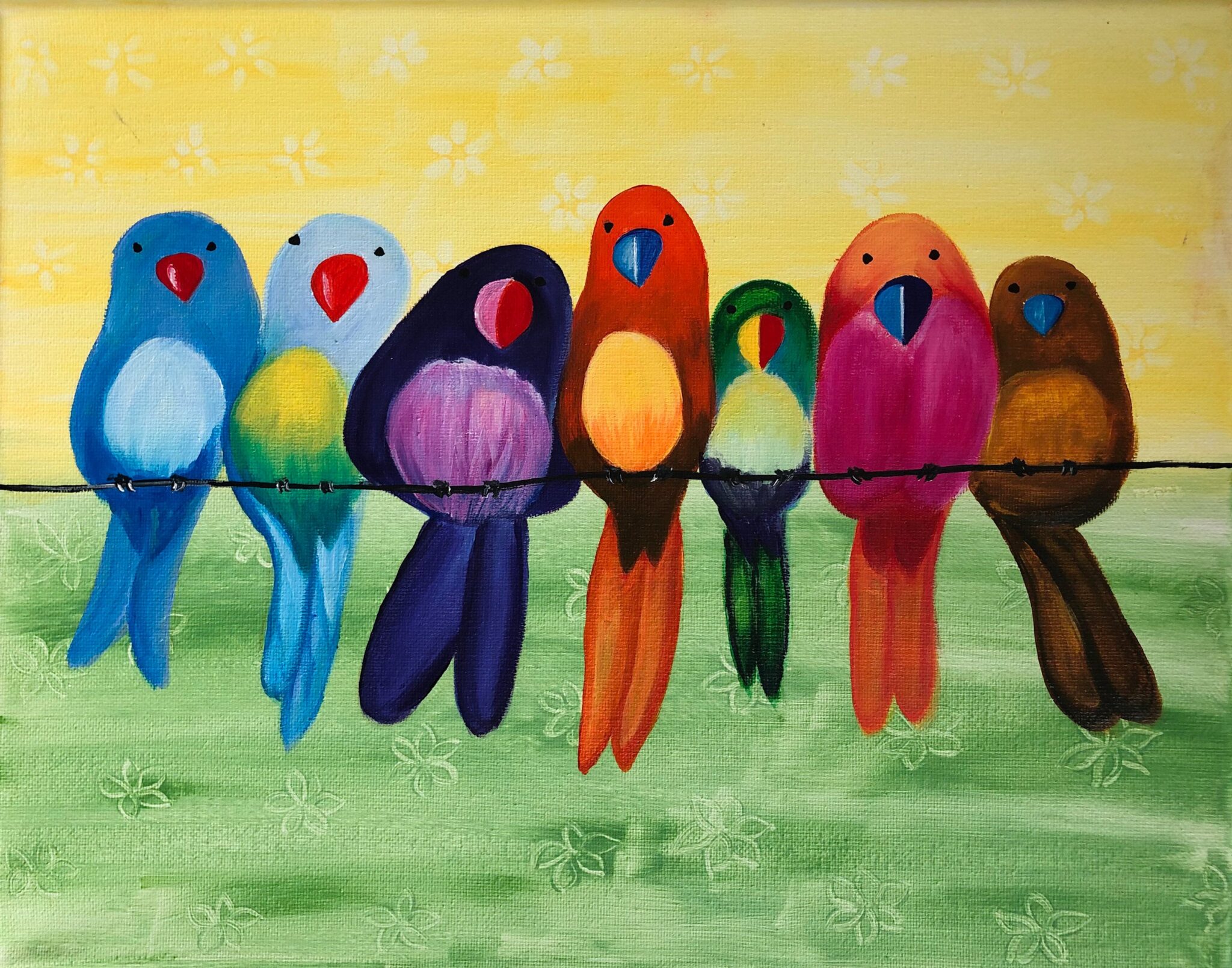 Bird painting, 7 Birds on branch, Colorful nature wall art, Original